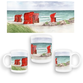 Cup Coffee Cup Mug Watercolor art maritime print art print beach chairs red by the sea Baltic Sea sea beach dunes